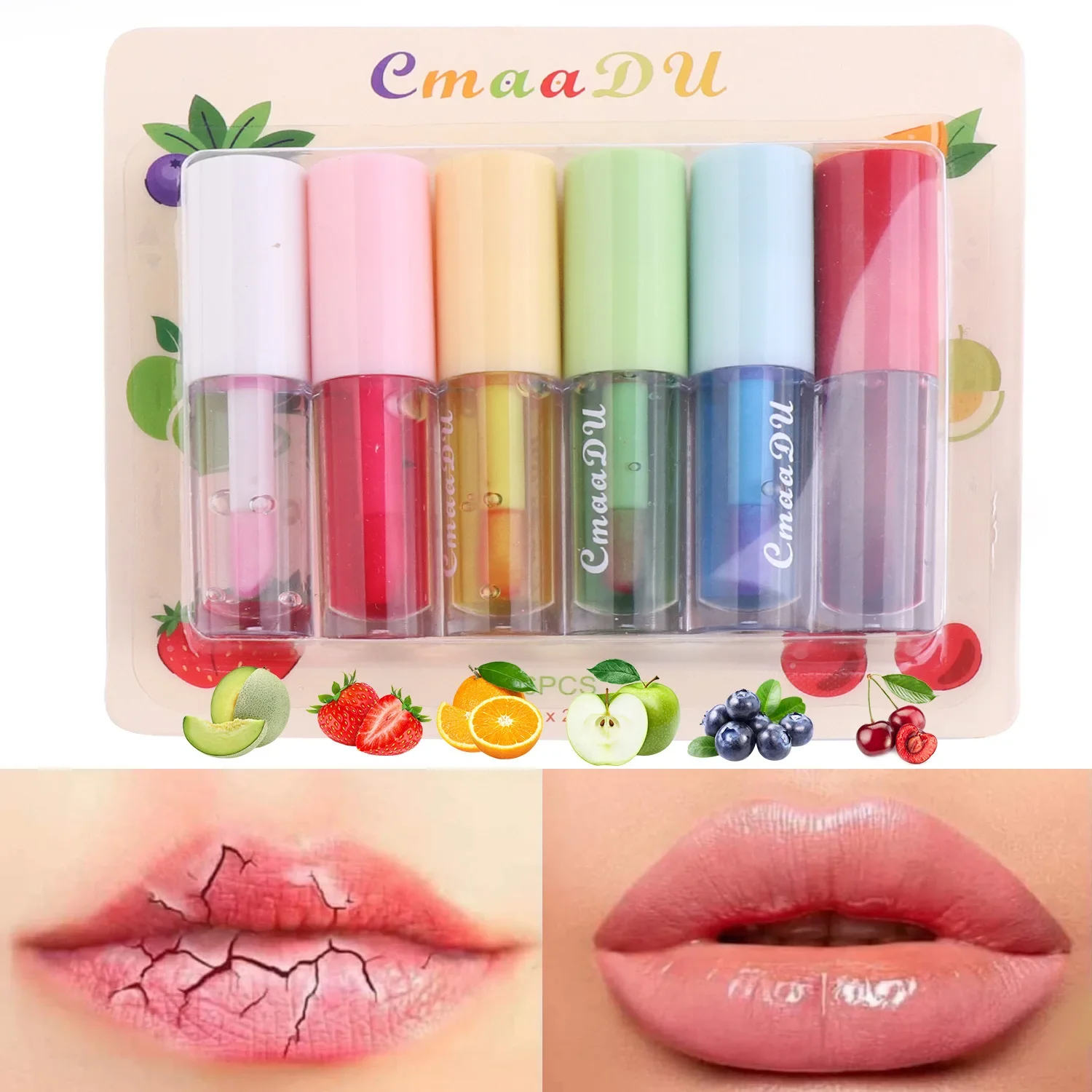 CmaaDu 6Pcs based balm lips moisture Conditioner Fruit Lip Gloss Set  Clear Transparent Lipstick Lip Oil Hydrating Lip Gloss