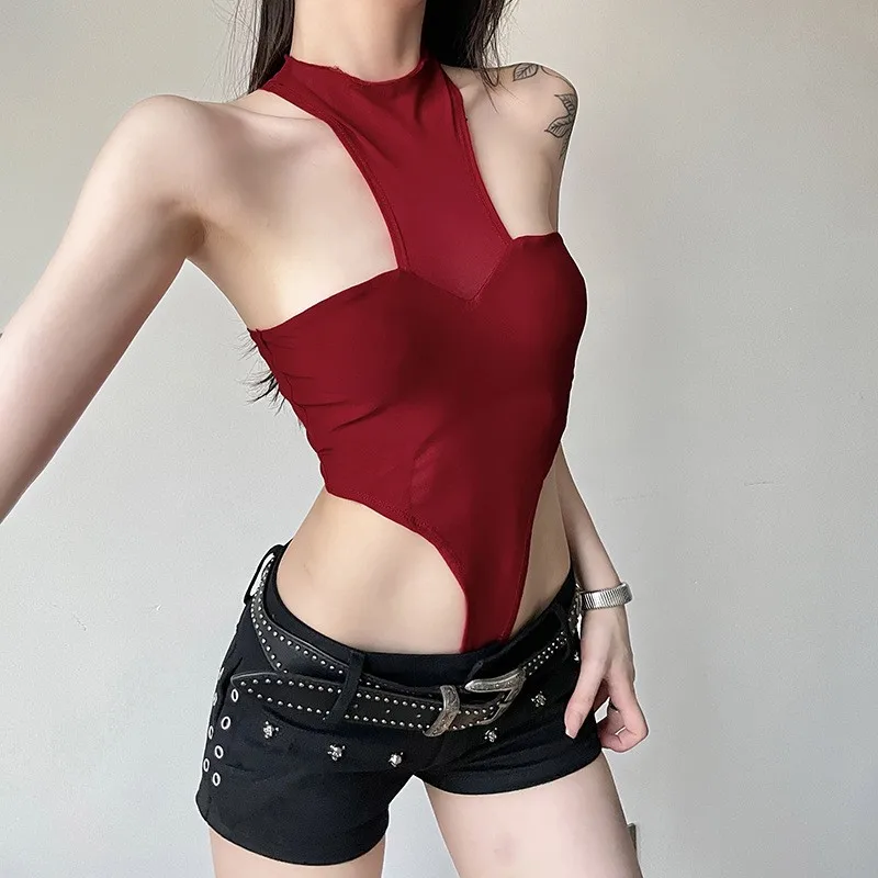 

Summer Clothes Women's Jumpsuit Sleeveless High Waist Romper Red Bodysuit Short Jumpsuit Sheer Mesh Panel Backless Jumpsuits