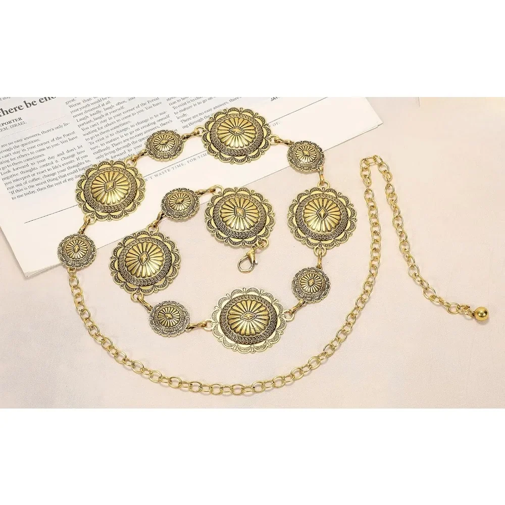Western Round Metal Concho Belt for Women Vintage Cowgirl Boho Turquoise Chain Belts for Dresses Jeans Retro Gold and Silver