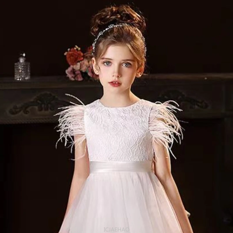 

New Girls Birthday Party Dress White Elegant Cake Tutu Princess Pageant Formal Dress Gown Kids Stage Performance Outfit Summer