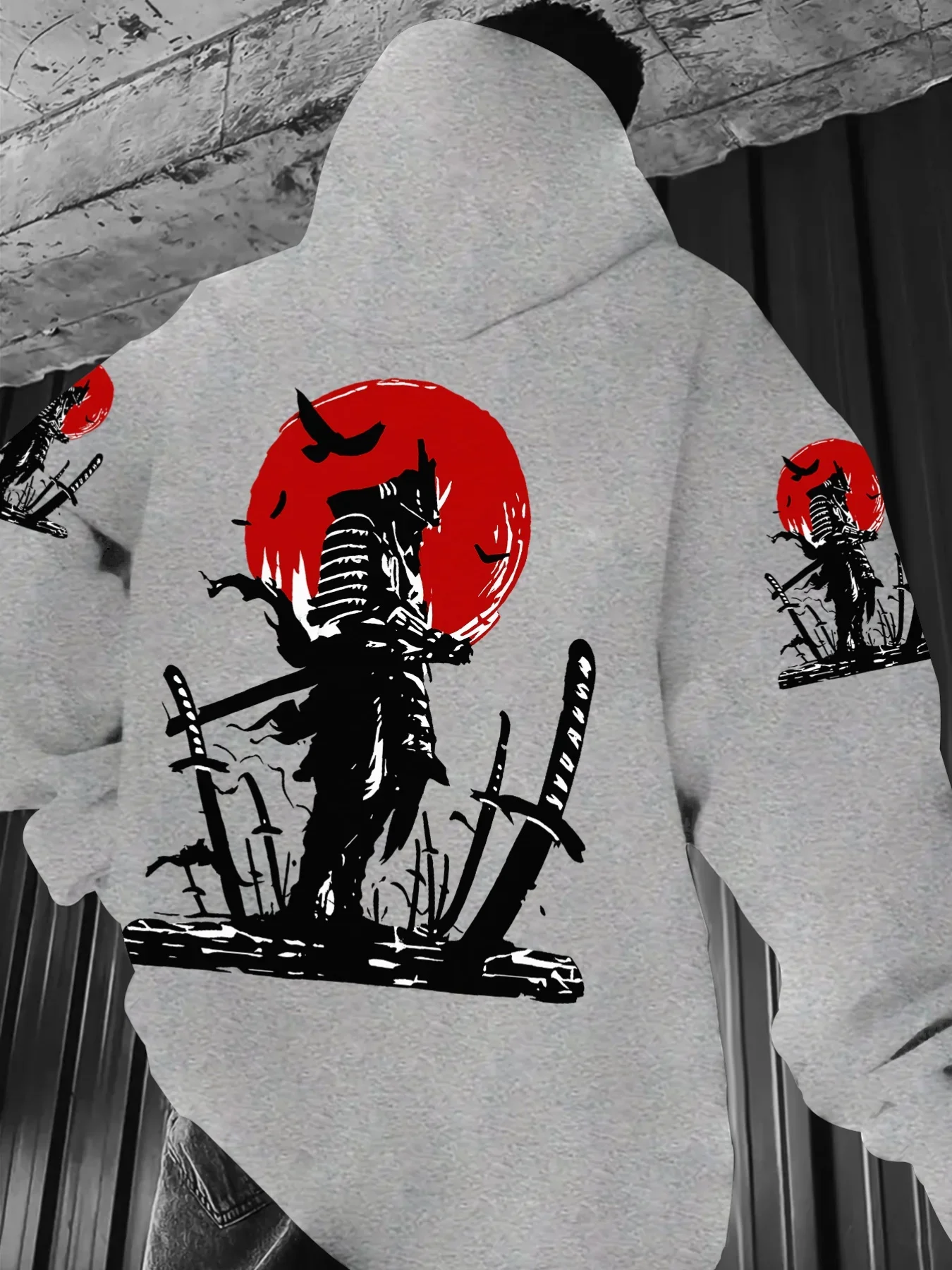 Retro Samurai Warrior Silhouette Red Sun Graphic Hoodie Unisex Aesthetic Japanese Bushido Style Casual Oversized Street Pullover