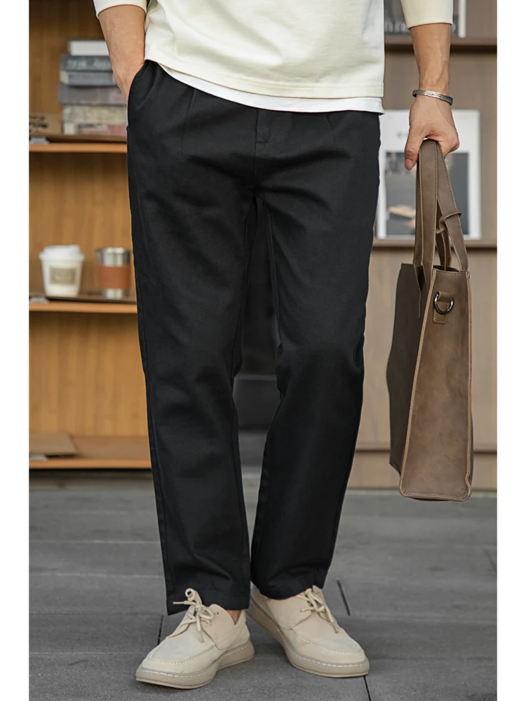 

Повседневные брюки из лиоцеллового хлопка с эластичной резинкой на талии в американском стиле ретро, свободные прямые длинные брюки против морщин