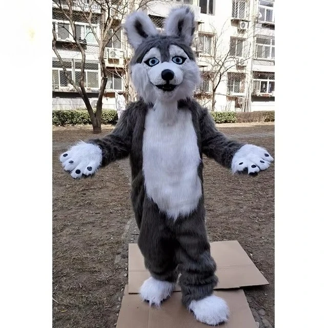 Costume de mascotte de chien Husky en fourrure grise pour Halloween, fête costumée, Noël, et fête de la Résurrection pour adultes