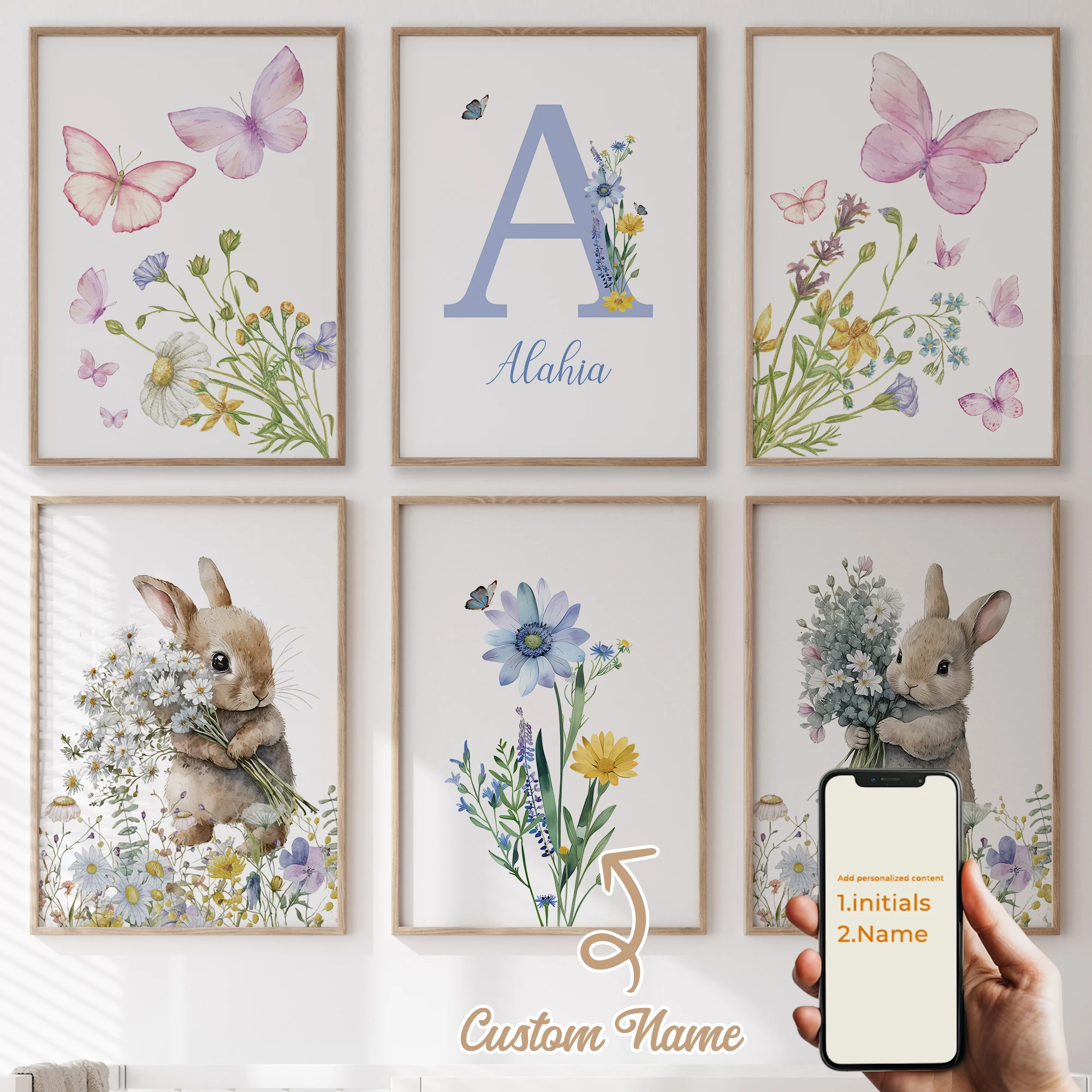 6 stücke Personalisierte Benutzerdefinierte Name Cartoon kind kaninchen Wand Kunstdruck Bild Leinwand Poster Malerei Für Wohnzimmer Wohnkultur
