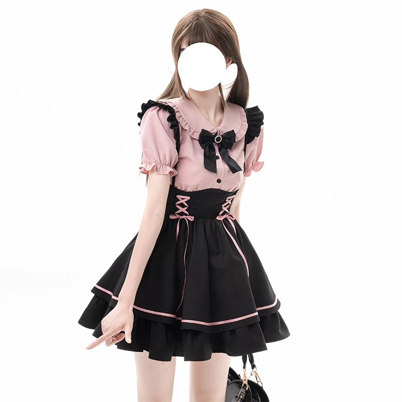 Gothic Style Lolita JK Skirt Set Women Kawii Peter Pan Collar Bow Blouse Slim Bandage Suspender Skirt Female Japanese Sweet Suit