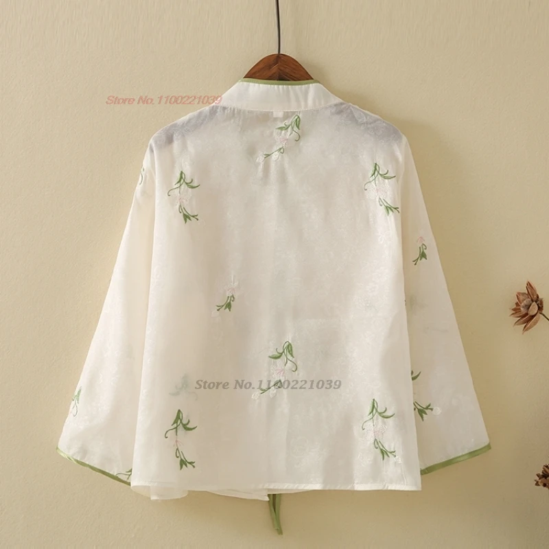 2024 chinese vintage coat national flower embroidery stand collar mesh blouse oriental hanfu tops folk sun-protective jacket