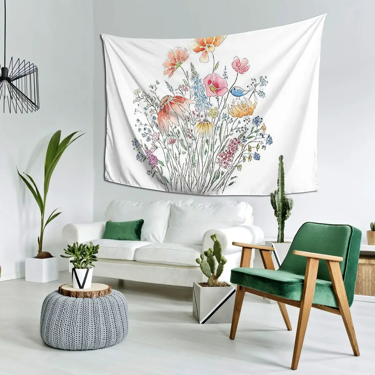 Hand Painted Wild Flower Bouquet And Blue Bird-line Tapestry Hippie Wall Hanging Home Tapestries for Room Bedroom Dorm Room