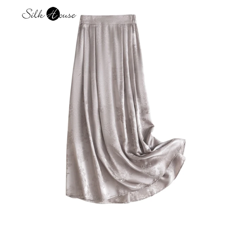 

2025 Women's Fashion Autumn New 100% Natural Mulberry Silk Grey Jacquard HuaLuo Elastic Waist Elegant Versatile Big Swing Skirt