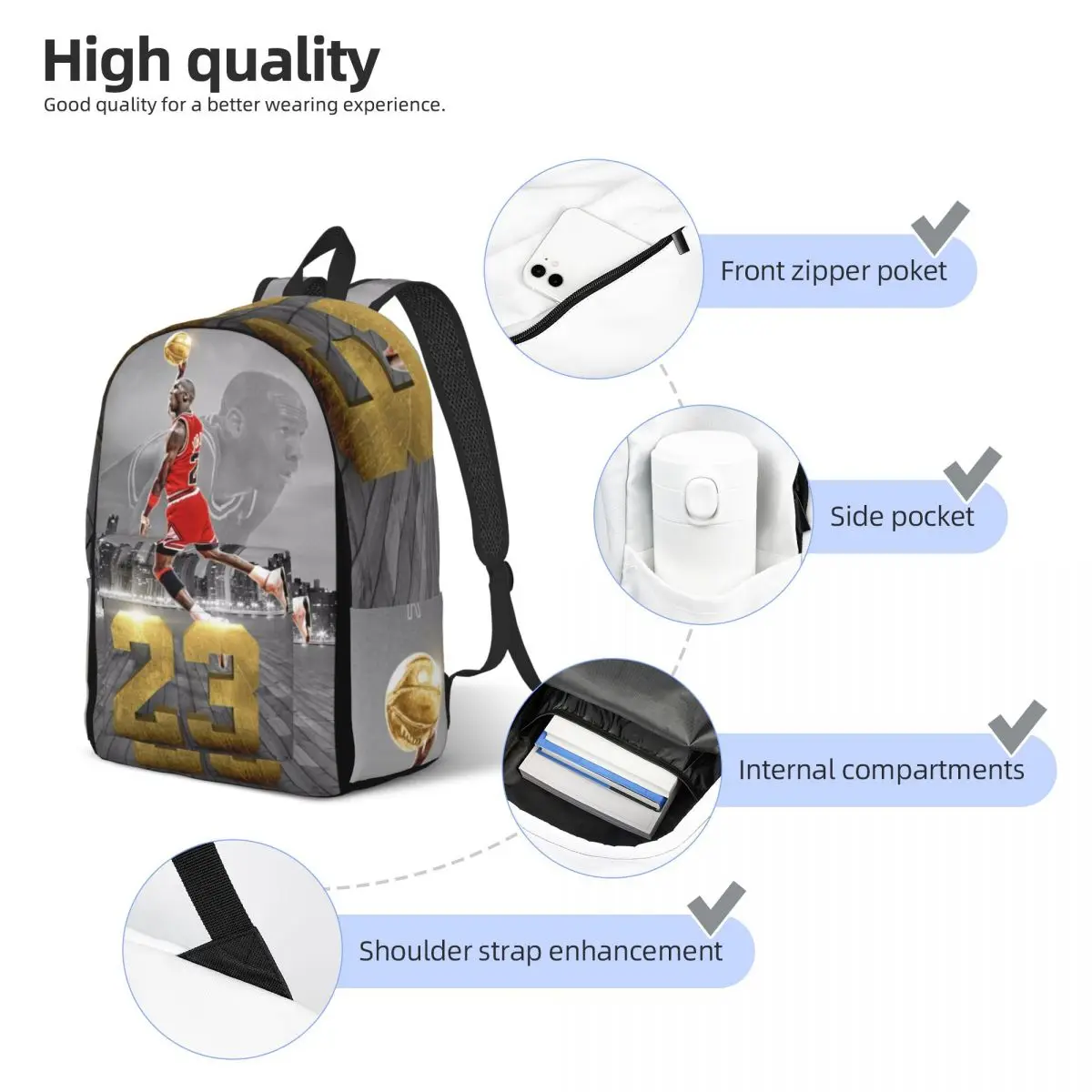 Michael-Jordan For Girls Boys Large Capacity Student Backpack Lightweight waterproof Backpack  15.7in 17.7in