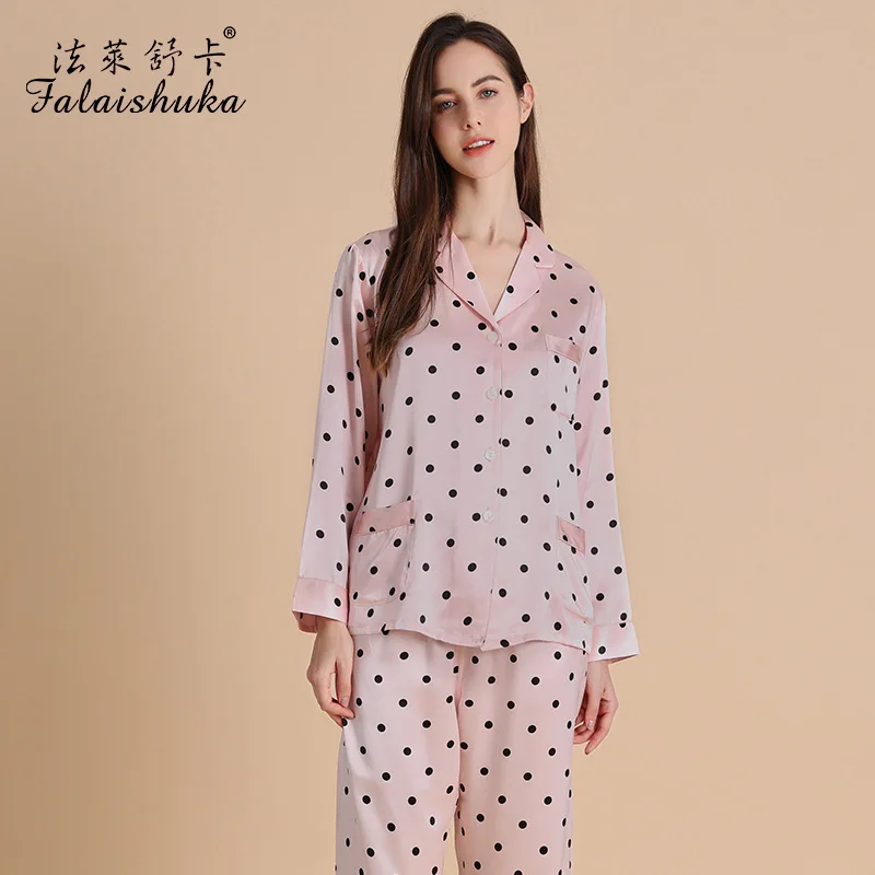 19 Momme 100% genuine silk pajamas sets women sleepwear sweet pink polka dot Mulberry Silk women pyjamas T8301