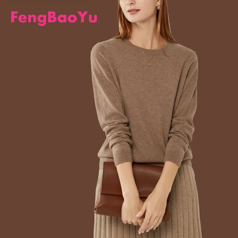 FengBaoYu Spring Autumn Ladies Cashmere Sweater Mountain Long Sleeve Crew Neck Pullover Sweater Base Sweater Fashion Knit Top