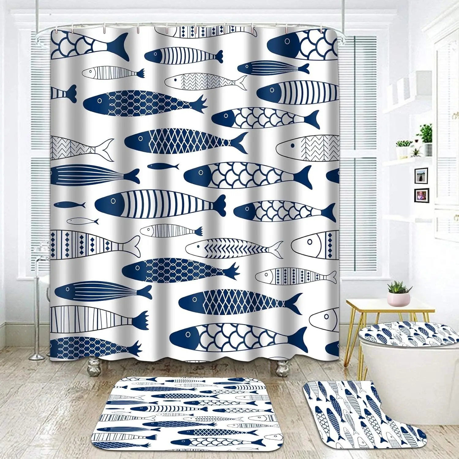 

4pcs Ocean Fish Shower Curtain Set, Includes 12 Hooks, Non-Slip Bathroom Rug, Toilet Seat Cover, U-Shaped Mat, and Bathroom