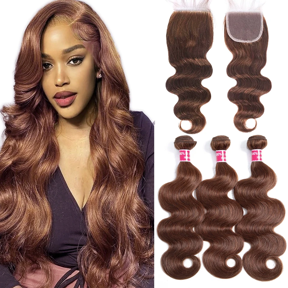 Light Brown Body Wave Bundles With Closure Unprocessed Chocolate Brown Brazilian Body Wave human hair with 4x4 Lace Closure