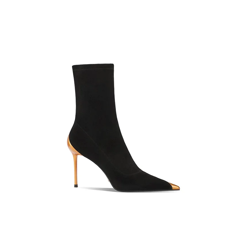 Autumn and winter new metal pointed thin heel short tube elastic boots party dress temperament high-heeled women's boots