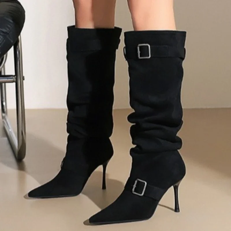 BIGTREE Winter Fashion Sexy Pleated Knee High Boots Women Pointed Toe Thin Heels Buckle Strap Shoes Long Botas Mujer