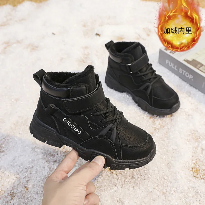 Botas de motociclista infantil Mid Top, infantis, na moda, todos os fósforos, quentes, sapatos casuais, menina, menino, inverno, resistente ao desgaste, bota de neve