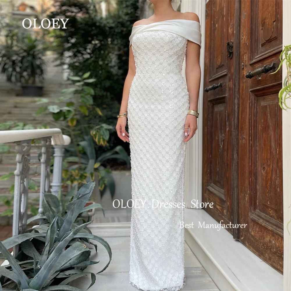 

OLOEY Luxury Ivory Straight Long Wedding Dress Off Shoulder Beads Bridal Gown Pleats Arabic Formal Evening Gown Customized
