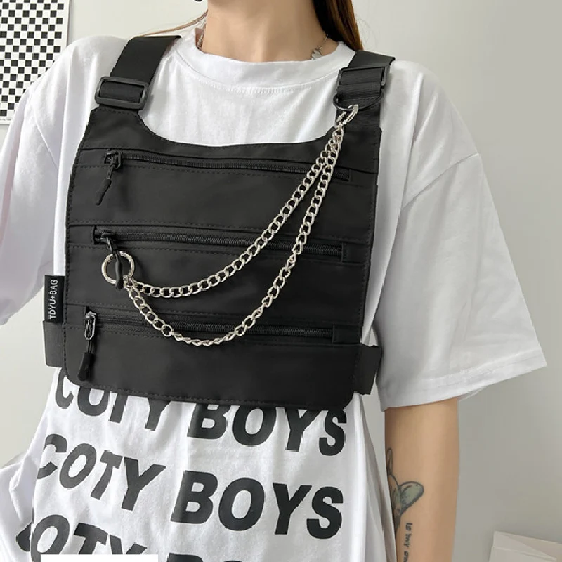 Hip Hop Streetwear Unisex Chest Pack Functional Men Tactical Vest Chest Rig Bags With Metal Chain Fashion Canvas Waist Pack Male