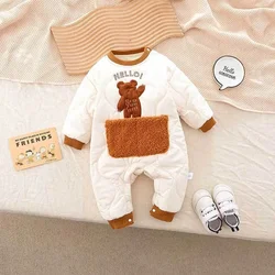 2024 Winter Baby Clothing 0-2Y Newborn Thicken Jumpsuit Infant Fur Lining Warm Rompers Toddler Cartoon Bear Outwear