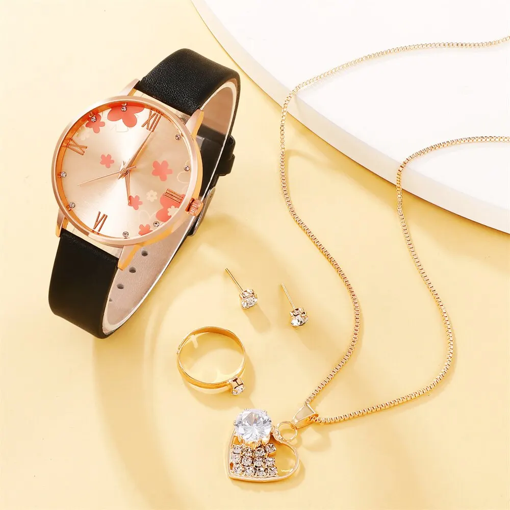 5PCS Set Womens Fashion Quartz Watch Female Clock Rose Gold Dial Luxury Brand Design Women Watches Simple Ladies Wrist Watch