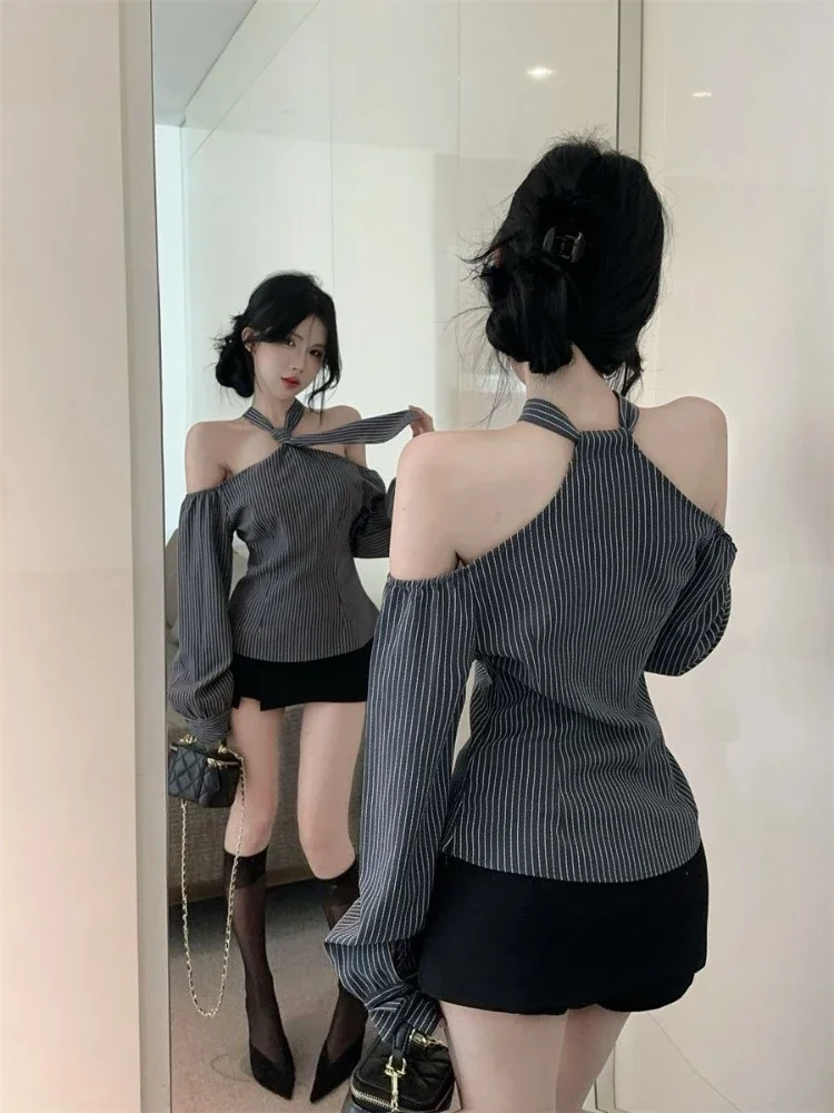 

Spring Autumn New Off Shoulder Long Sleeve Shirt Striped Chic Design Casual Top Fashion Slim Fit Blouse