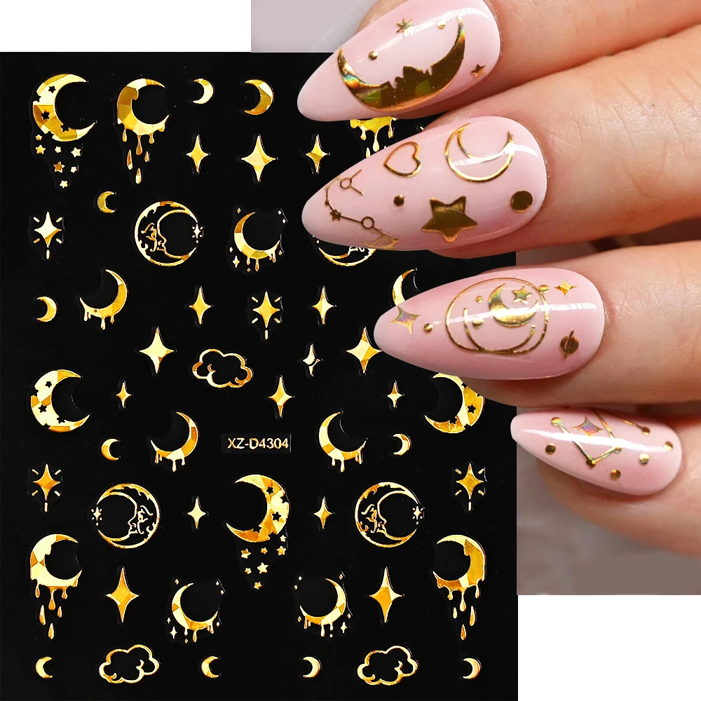 12 stks/set Bronzing Laser Gouden Maan Zon 3D Nail Art Stickers voor Nagels Decoratie Lijm Sliders DIY Nail Art Accessoires