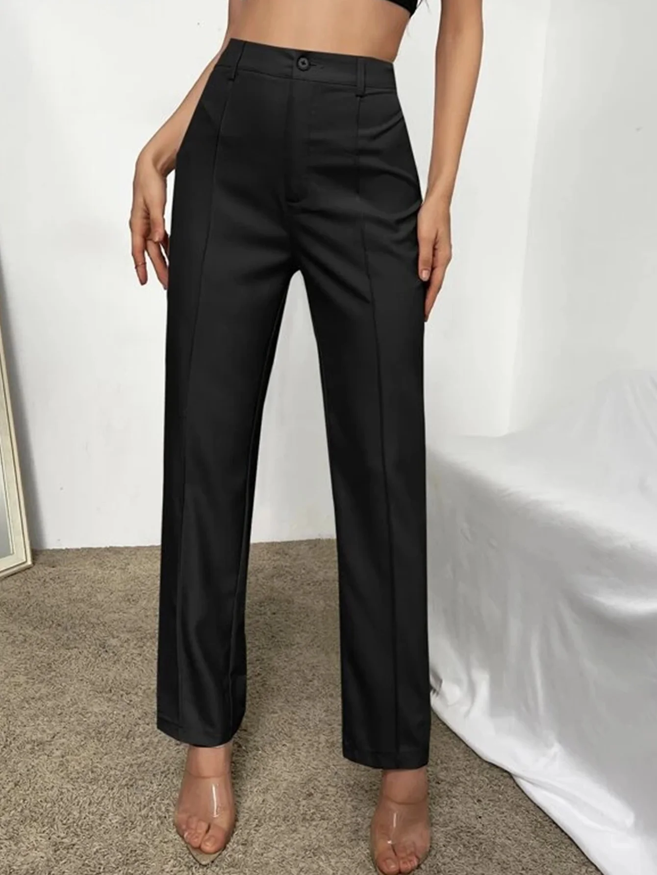 

2024 New Fashion Casual Women's A-line Pants High Waisted Solid Black Color Suit Seam Details Suit Straight Trousers On Sale