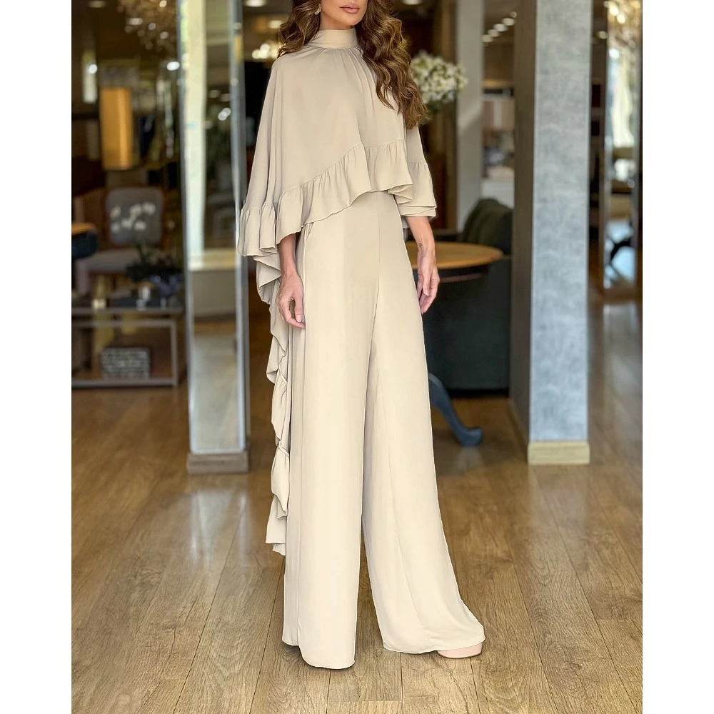 

Elegant 2 Pieces Outfit High Neck Hollow-out Back Ruffles High-Low Hem Cape and Casual Elastic Back Waist Wide Leg Pants Set