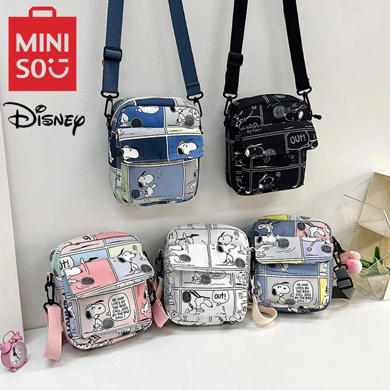 MINISO Disney Cartoon Shoulder Bag Girl Crossbody Phone Bag Cute Snoopy Mini Square Bag Printed Canvas Bag Adjustable Straps