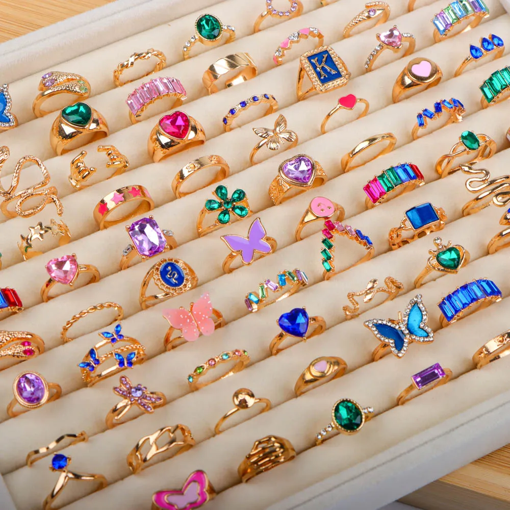 10/20/30/50 Peças/Lote Anéis Femininos de Moda Boêmia com Strass Coloridos, Design Irregular de Cobra e Coração, Joias Mistas, Presentes para Amigas