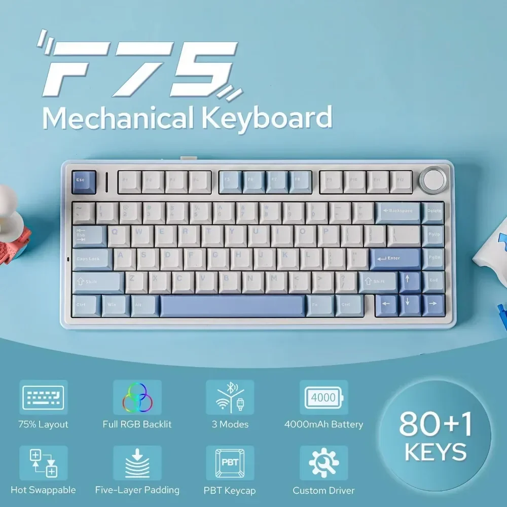 AULA F75 Mechanische Tastatur 2,4 GWireless/Bluetooth/Kabelgebundene Gaming-Tastatur RGB