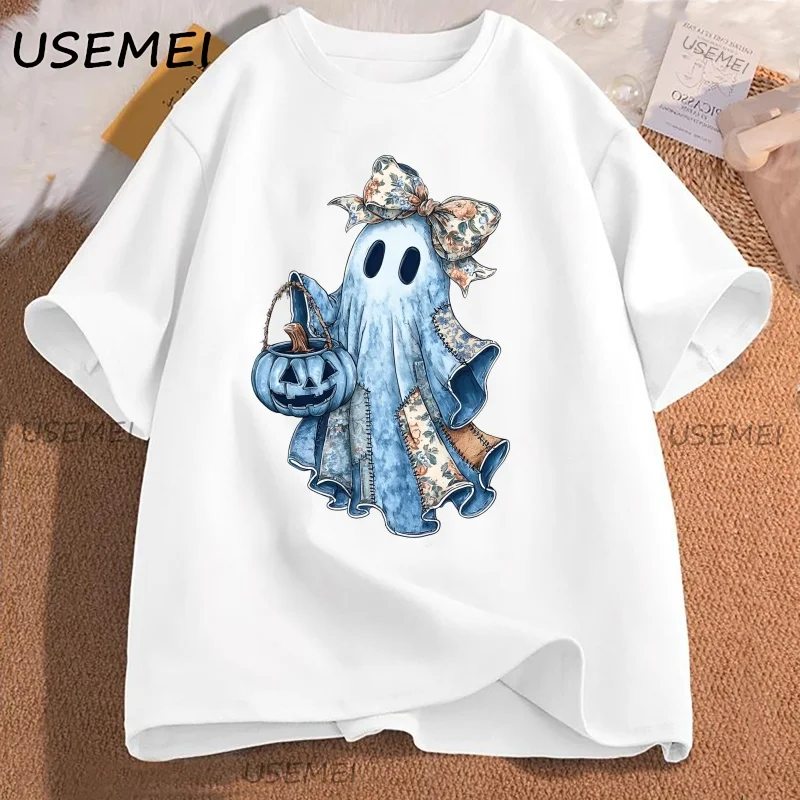 

Retro Halloween Blue Denim Ghost T-shirt Trendy Patchwork Spooky Ghost Tshirt Cute Boo Ghost Shirt Fall Pumpkin Woman Clothes