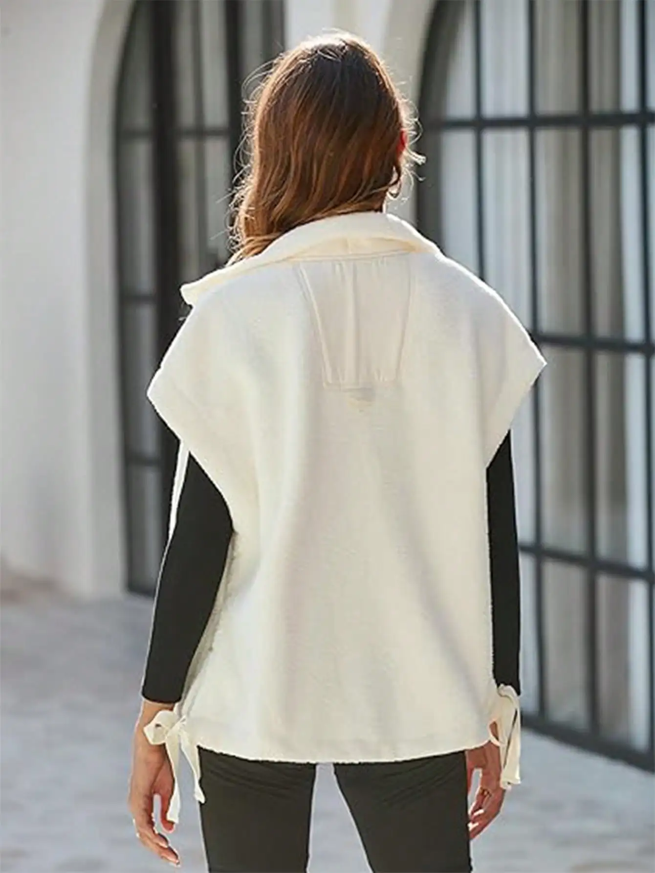 Oversized warm wintervest voor dames, Thanksgiving-outfit voor dames, mouwloos casual button-down patchwork Fuzzy Sherpa