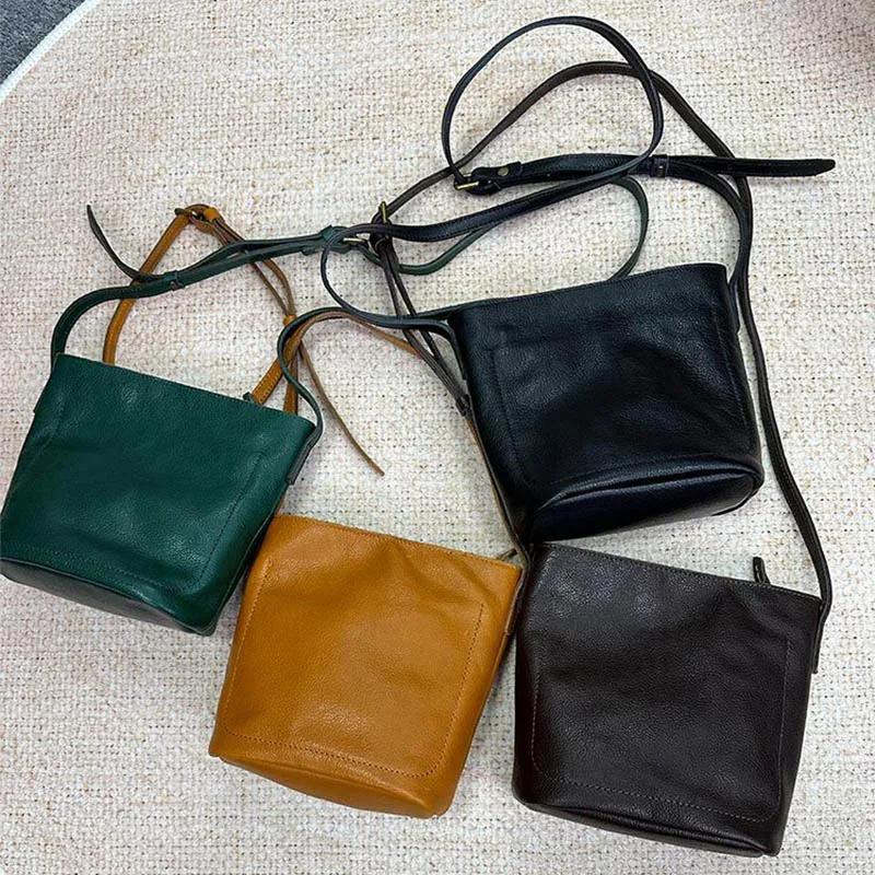 

Simple Classic Versatile Bucket Shoulder Bags Women Crossbody Bag Casual Chic Trendy Genuine Cow Leather Zipper Solid Phone Bag