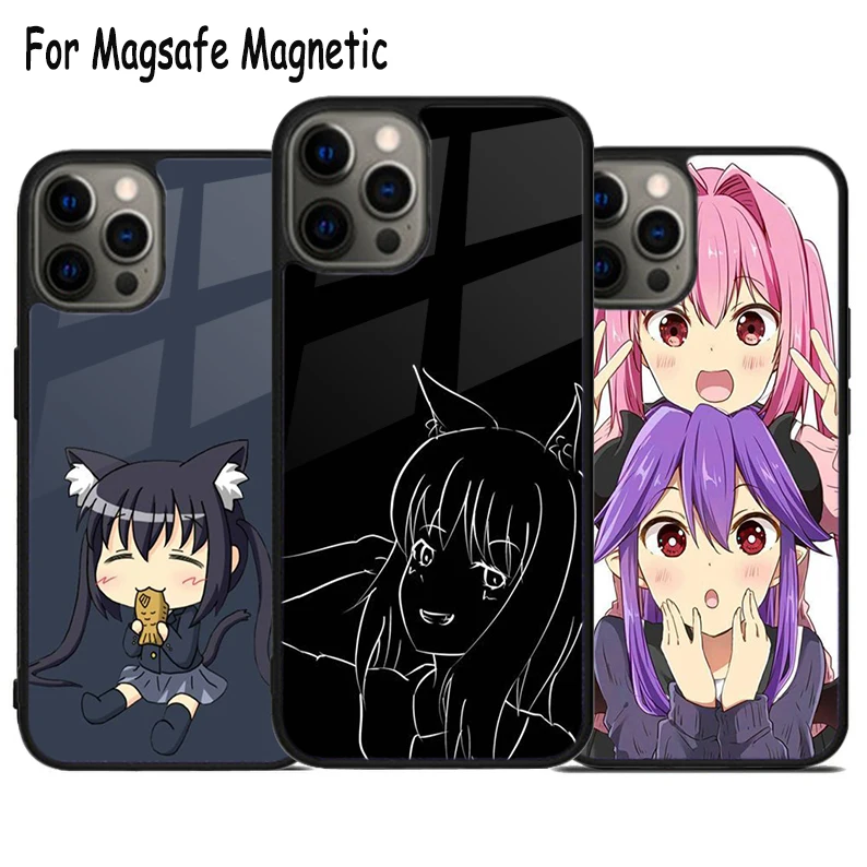 

Чехол Magsafe для телефона с рисунком аниме кошки и девушки с беспроводной зарядкой для iPhone 15 16 14 13 11 12 Pro Max Plus, магнитный чехол-бампер