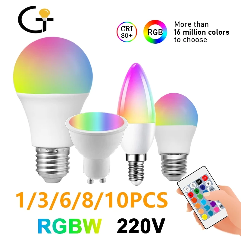 1-10PCS remote control LED Bulb dimming spotlight RGBW GU10 A60 G45 C37 AC220V 6W 10W 24 key remote control color light 6500K