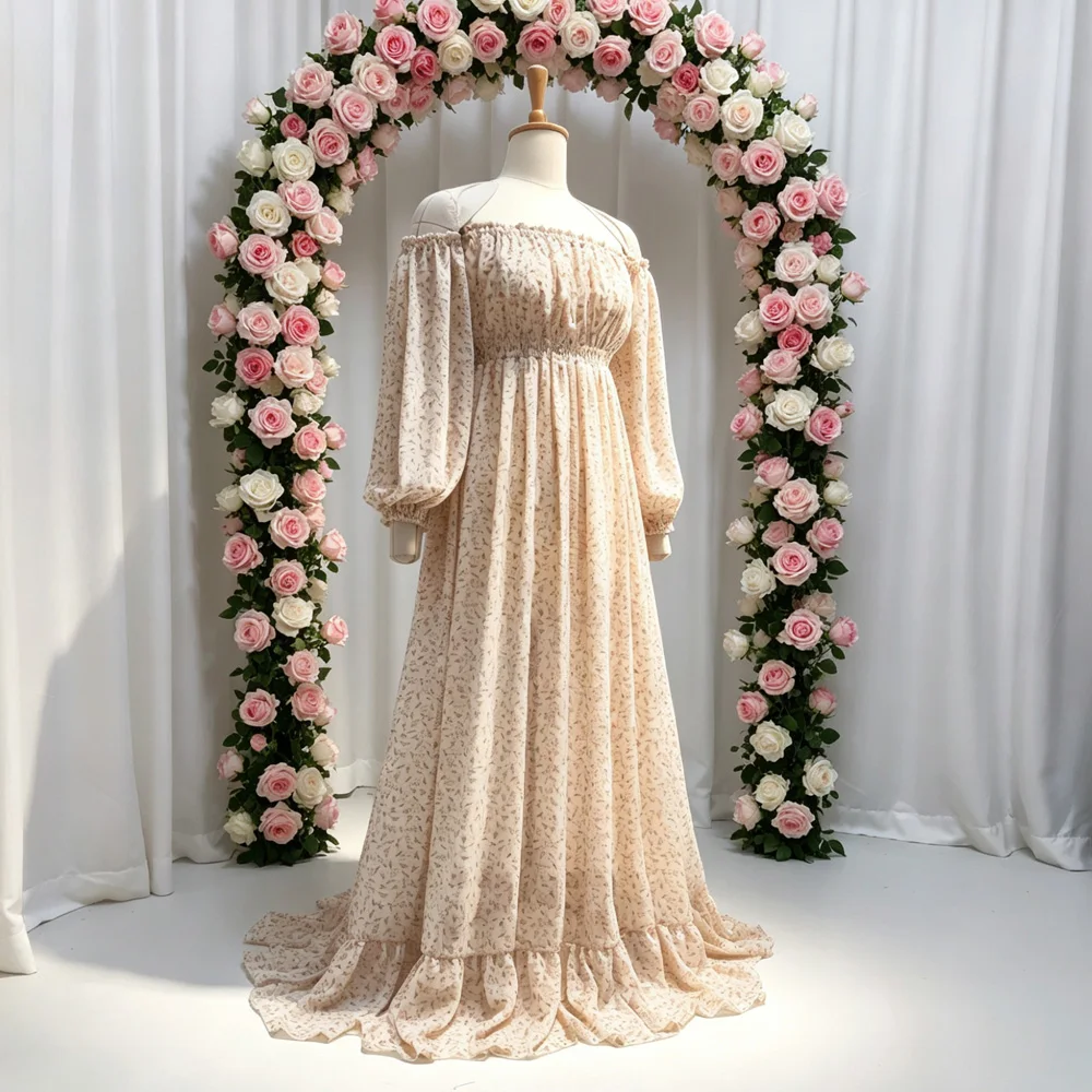Plissierte Bedruckte Chiffon-Umstandskleider Babyshower-Kleid Fotoshooting Off-Shoulder Sexy Leicht Transparentes Rüschenkleid