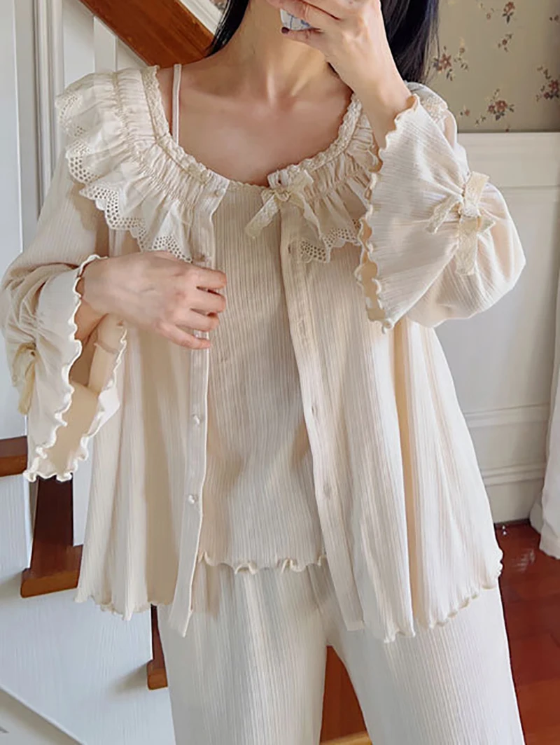 Women Korean Velvet Autumn Winter Victorian Pajamas Three Piece Set Nightie Vintage Princess Sweet Girls Sleepwear Loungewear