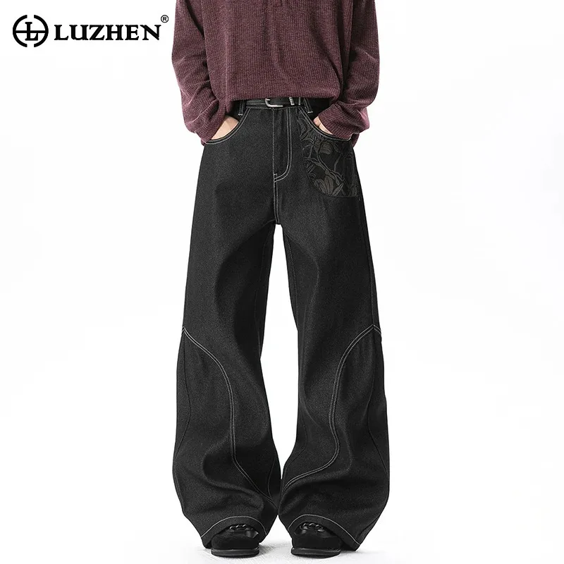 LUZHEN 2026 New Fashion Stripe Line Outline Pockets Printed Decorate Wide Leg Denim Pants Men's Handsome Straight Jeans JY8324