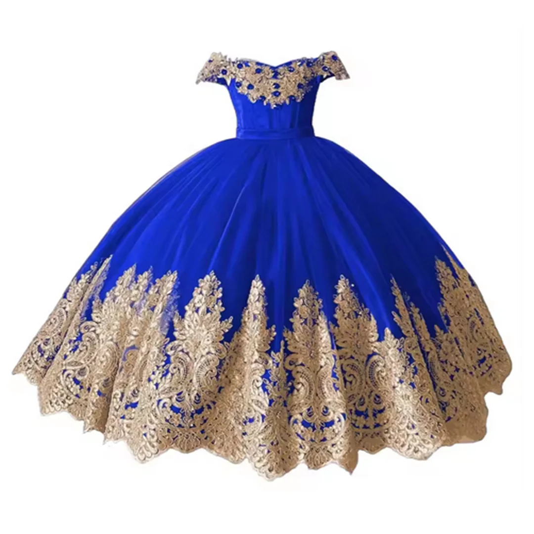 فستان طويل مكشوف الكتفين من التول مزين بالذهب الوردي الساخن للأميرة منتفخ لحفلات أعياد الميلاد وحفلات الزفاف والحفلات الراقصة