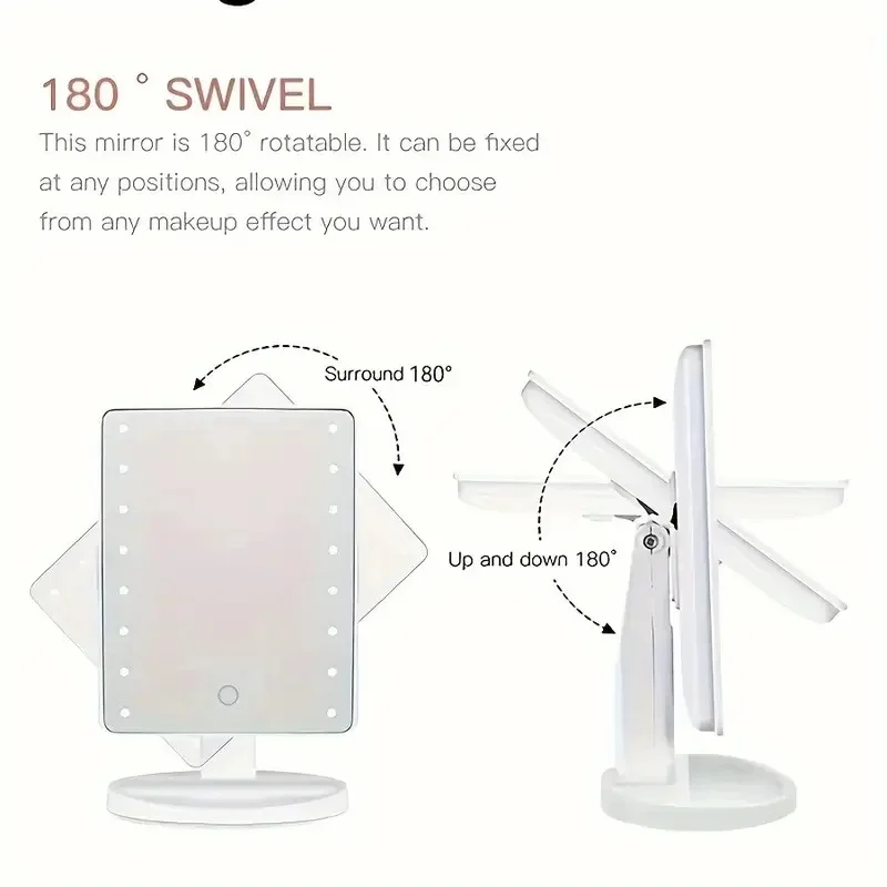 Espelho de vaidade giratório de toque 16LED com brilho ajustável e luz regulável, 3 velocidades, perfeito para maquiagem, cuidados com a pele, aliciamento