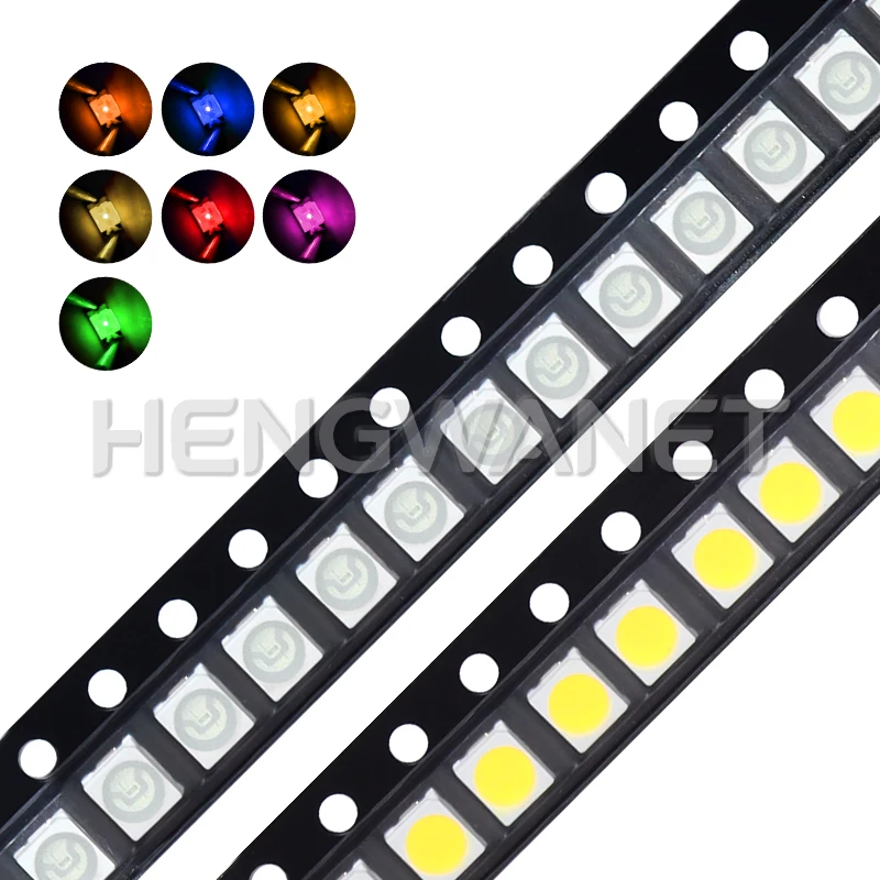 100 Stück 3528 1210 SMD LED-Dioden-Kit Grün Rot Warmweiß Eisblau Gelb Rosa Lila Orange RGB