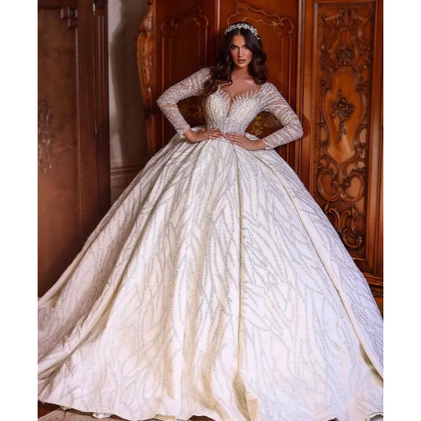 

Роскошное свадебное платье принцессы трапециевидной формы с длинными рукавами и блестящей наклейкой, кружевное свадебное бальное платье на заказ, халат со шлейфом