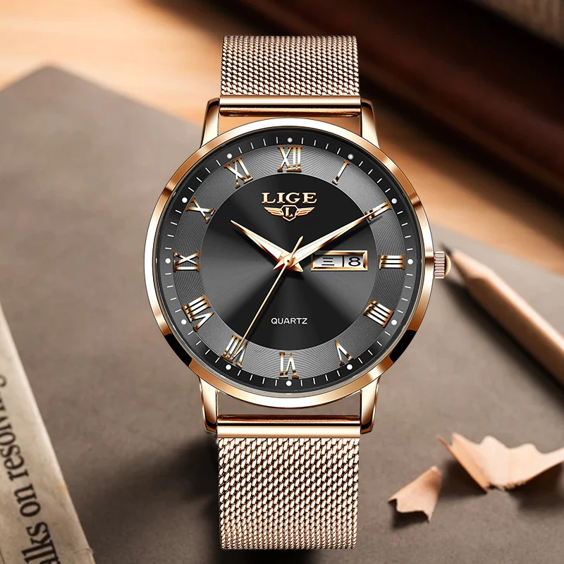 LIGE Original Simple Quartz Watches Male Fashion Luxury Casual Sport Mesh Belt Calendar Ultra Thin Waterproof Luminous Man Watch