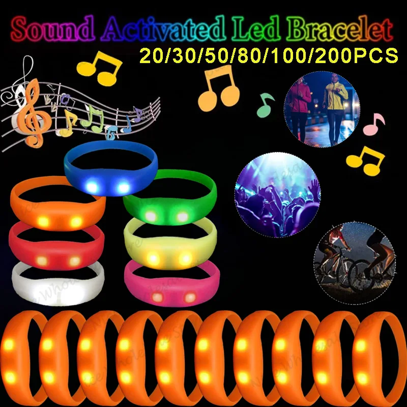 Pulseiras de LED ativadas por música e som, 20-100 peças, pulseiras luminosas que brilham no escuro, para festas e casamentos