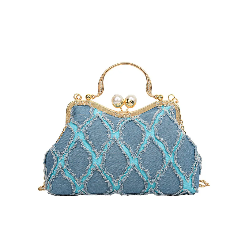 ﻿    Modieuze contrasterende denim handtas, nieuwe diamanten rasterschelptas, trendy en veelzijdige crossbodytas met enkele schouder