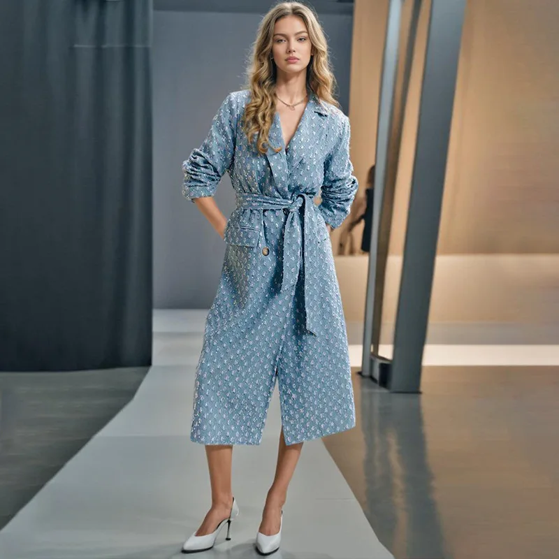 

Autumn and Winter Women's Long Denim Trench Coat Classic Blue Oversized Open Front Casual Streetwear