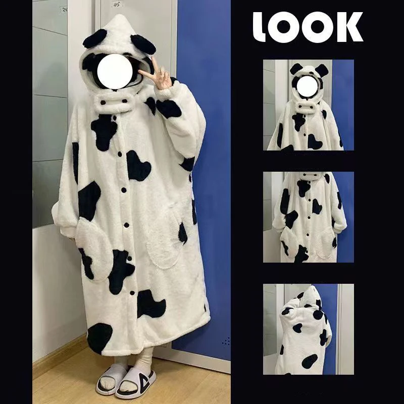 Cow Print Robe Women Sleepwear Hooded Nightdress Winter Fleece Pajama Night Wears Warm One Piece Nightgown Long Sleeve Homewear