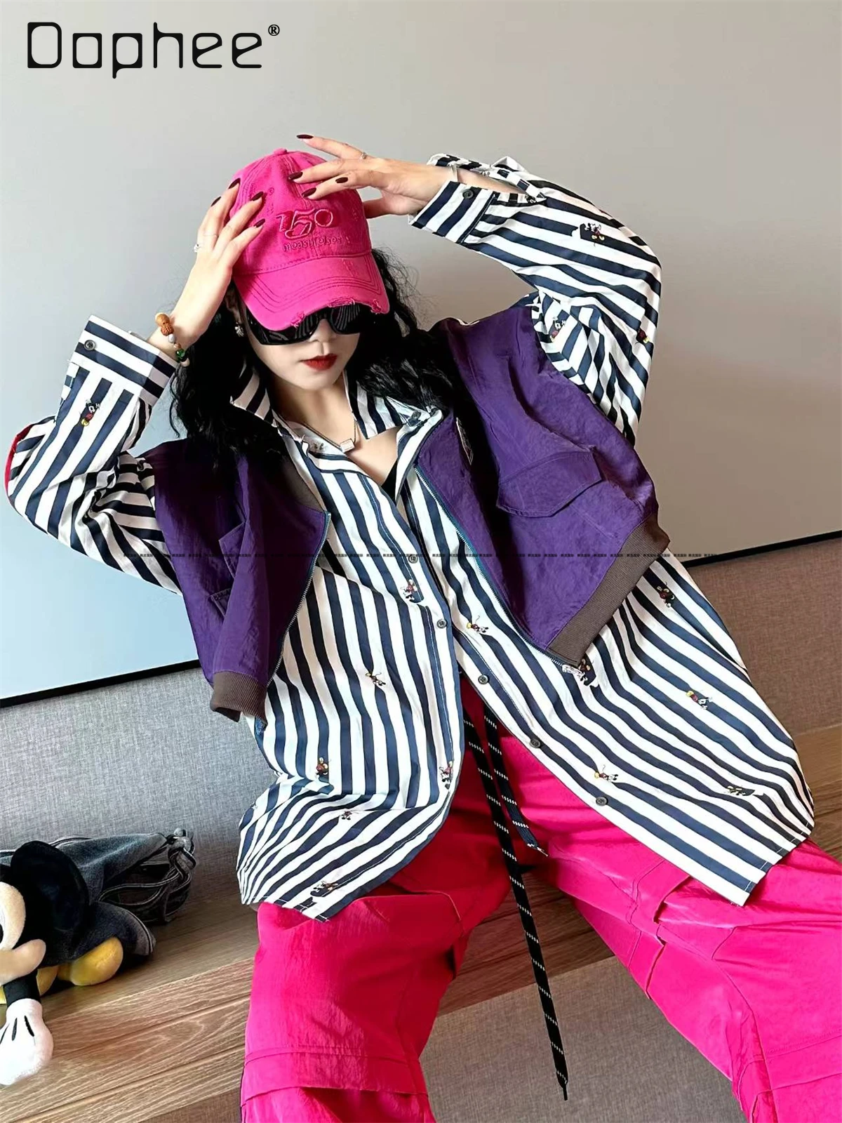 

High-end Loose Striped Shirt for Women Mid-length Boy Friend Style Oversized Cartoon Patch Polo Neck Long Sleeve Top for Women