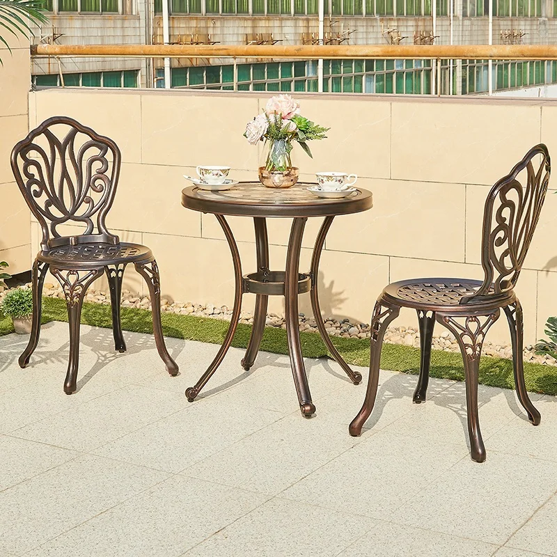 Durable Villa Cast Aluminum 2 Person Coffee Table Set Outdoor Patio Balcony French Bistro Square Table Chairs